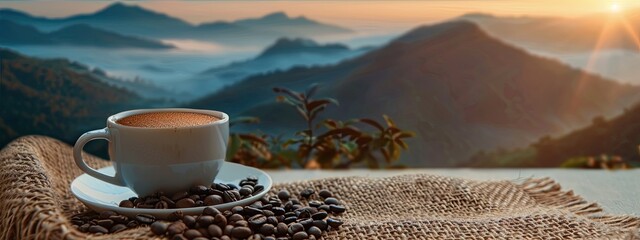 Wall Mural - Hot coffee cup with organic coffee beans on the wooden table and the plantations background with