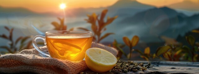 Wall Mural - cup of tea with lemon on the background of mountains. Selective focus