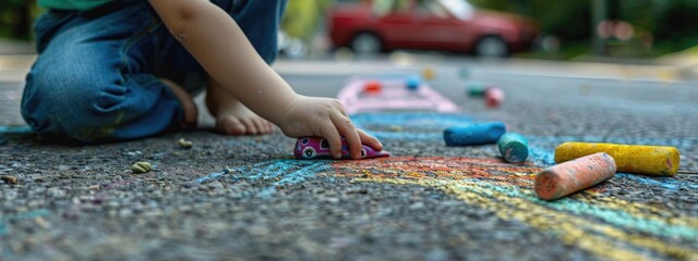 Wall Mural - a child draws with chalk on the asphalt. Selective focus