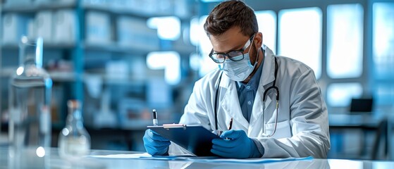 A doctor wearing uniform and face mask in a lab coat is writing on a clipboard