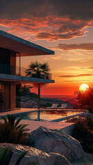 Wall Mural - Exterior of a beautiful luxury villa in the great outdoors, sunset, rocky mountain