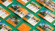 © Alon - Vector empty bi-fold brochure print template design, bifold bright orange & green booklet or flyer, 12 pages