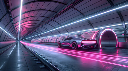 Wall Mural - A futuristic car is driving through a tunnel with neon lights