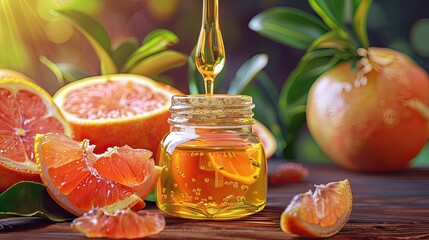 Wall Mural - a drop of grapefruit essential oil. Selective focus