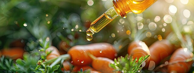 Poster - a drop of carrot essential oil. Selective focus