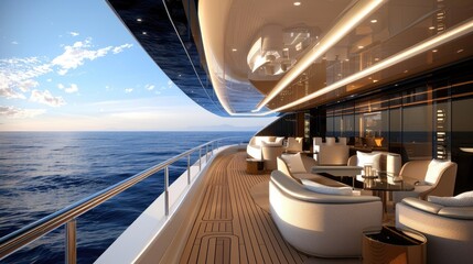 A luxurious yacht interior with floor-to-ceiling windows, sleek furnishings, and a view of the open sea.