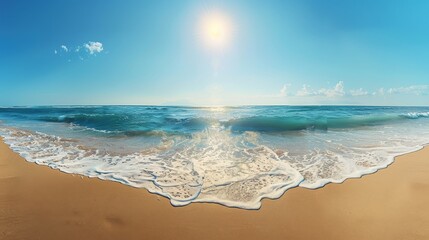 Wall Mural - A photographic view from a beach overlooking the ocean, clear blue skies, gentle waves, and golden sand