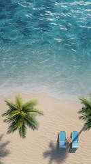 A white beach umbrella provides shade over a wooden beach chair on a sandy beach, with the ocean in the background. A palm tree casts its shadow over the sand