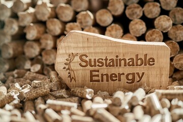 Wooden sign with  sustainable energy  amidst wood pellets for eco friendly energy concept