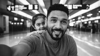 Wall Mural - A man and a little girl taking selfies in an airport, AI