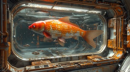 Sticker - A fish is swimming in a fantasy alien closed environment in a square box, epic, Unreal Engine, 3d, concept art, cg, 