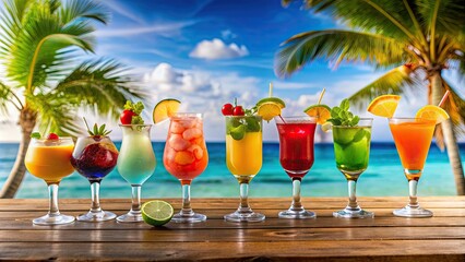 Wall Mural - Colorful and refreshing cocktails on a beach bar, cocktails, drinks, tropical, vibrant, beach, alcoholic, mixology