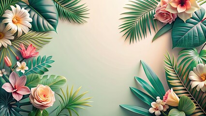 Canvas Print - Beautiful pastel background with an aesthetic arrangement of flowers and tropical leaves, flowers, tropical, aesthetic