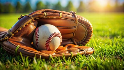 Wall Mural - Close-up of baseball and glove on grass field, baseball, glove, grass, sport, equipment, game, play, outdoor, competition, team, leather