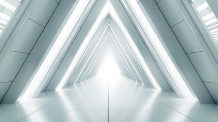 Poster - Modern White Background Sci-Fi Triangle Tunnel 3D Rendering of Empty Long Light Corridor