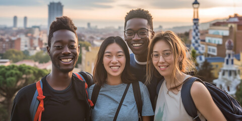 Wall Mural - A diverse group of friends enjoys togetherness and laughter while exploring the city, capturing carefree moments outdoors.