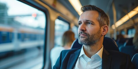 A handsome businessman in a shirt and suit gazes out the train window, contemplating his journey.