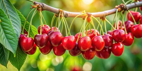 Poster - Cluster of red cherries hanging from a tree branch, ripe, fresh, fruit, agriculture, harvest, juicy, natural, organic, summer