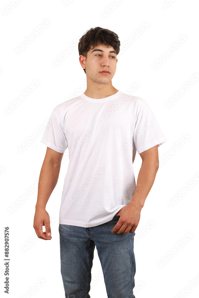 Youth man wearing blank t-shirt on white background, mockup tee closeup. White color tshirt. Mockup for design, isolated background.