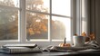 © ZinaZaval - A white coffee mug sits on a table next to a book, a small pumpkin, and a cloth napkin. An open window shows a blurry view of fall foliage outside