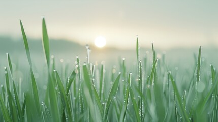 Canvas Print - A field of grass with dew drops on it and a sun in the background