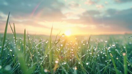 Canvas Print - A field of grass with dew drops on it and a sun in the background
