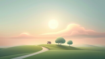 Canvas Print - A peaceful countryside scene with a house and two trees
