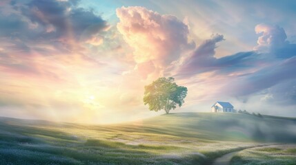 Wall Mural - A white house sits on a hill in a field with a tree in the foreground
