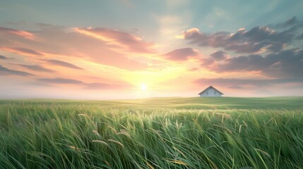 Wall Mural - A white house sits in a field of tall grass