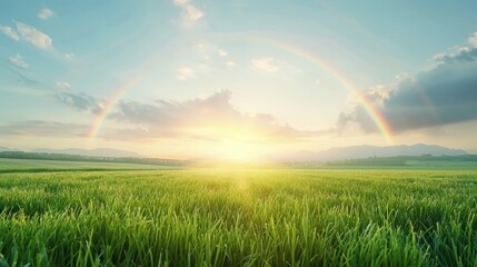 Wall Mural - a field of grass with a rainbow in the sky