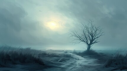 Wall Mural - A tree stands alone in a field with a cloudy sky in the background