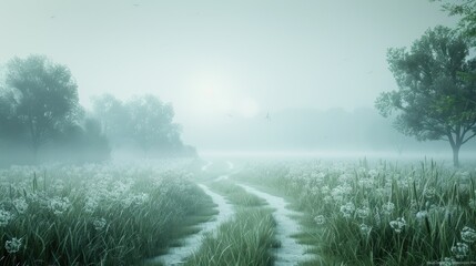 Wall Mural - A foggy, misty day in a field with a road running through it