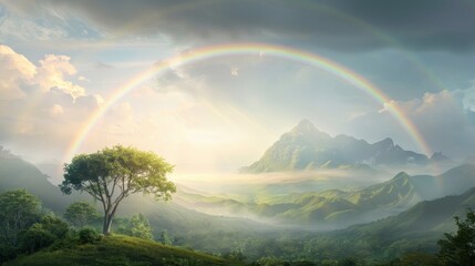 Wall Mural - A rainbow is seen over a mountain range with a tree in the foreground