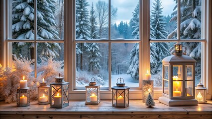 Canvas Print - Burning candles and lantern on windowsill indoors, overlooking winter forest , cozy, atmospheric, serene, home decor