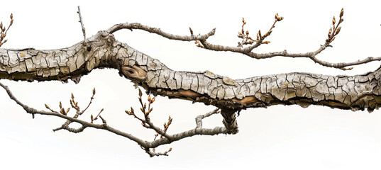 dead tree branches with cracked bark isolated on white background, dry branches, old tree bark textu