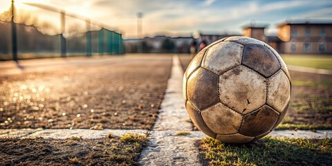 Wall Mural - Close up of a weathered soccer ball on a nostalgic football field, old, soccer, ball, close up, weathered, worn, nostalgia