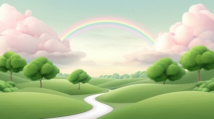 Wall Mural - a rainbow is in the sky above a green field with trees