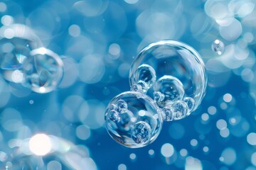 Sticker - Close-up of clear water bubbles with molecular structures inside, floating in a blue liquid, digital art