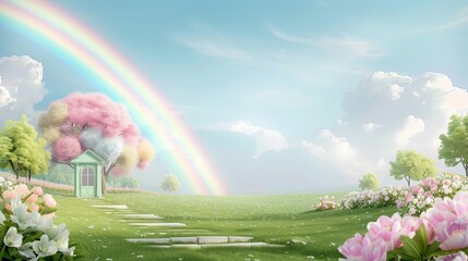Wall Mural - a rainbow is in the sky above a field of flowers