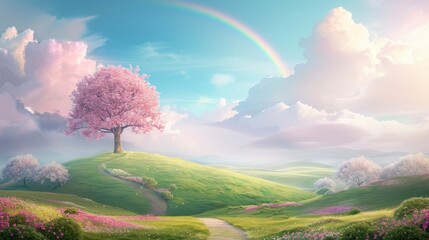 Wall Mural - a beautiful landscape with a tree and a rainbow in the sky