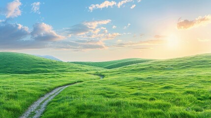 Wall Mural - a beautiful, sunlit field with a dirt road running through it