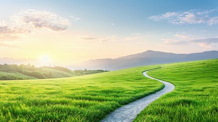 Wall Mural - a long, winding road runs through a lush green field