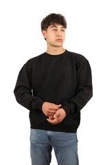 Wall Mural - Youth man wearing blank sweatshirt on white background, closeup. Black color sweatshirt. Mockup for design, isolated background..