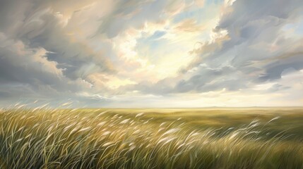 Wall Mural - a painting of a field with a cloudy sky and a sun in the background