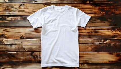 Sticker - white t-shirt mockup on wooden background