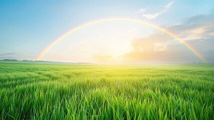Wall Mural - a rainbow is seen in the sky above a field of green grass