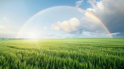 Wall Mural - a rainbow is seen in the sky above a field of green grass