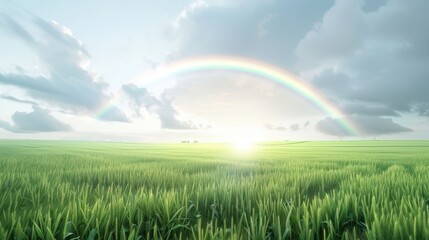 Wall Mural - a rainbow is seen in the sky above a field of green grass