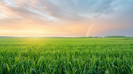Wall Mural - a field of green grass with a rainbow in the sky
