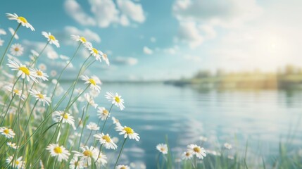 Wall Mural - a field of white flowers with a body of water in the background